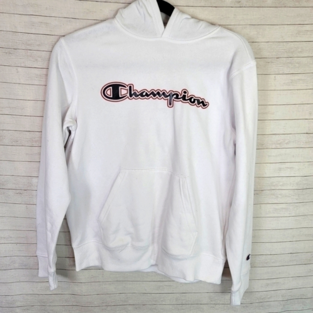 CHAMPION WHITE LOGO HOODIE, SZ LARGE